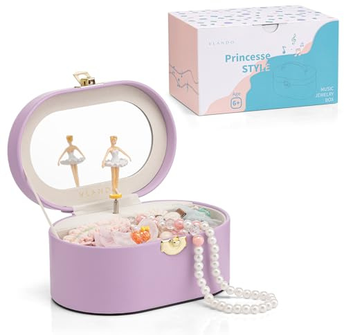 VLANDO Schmuckkästchen Mädchen,Schmuckkasten Kinder mit Drehendem Ballerina | Spielzeug Geschenk 4 5 6 Jahre Mädchen mit DIY Aufkleber, Schmuckaufbewahrung mädchen mit Spieluhr,Lila