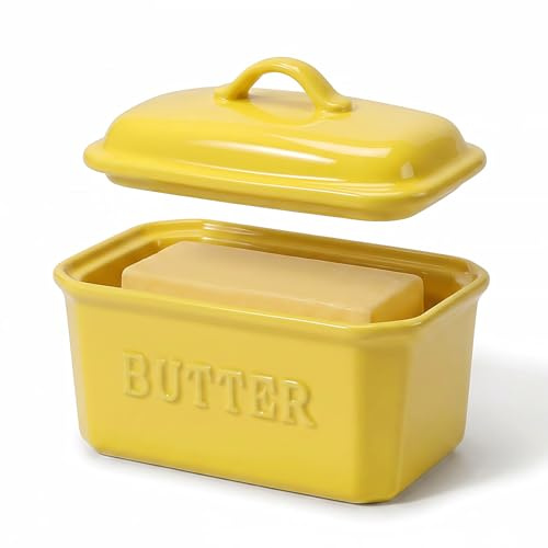 JSHKY Large Porcelain Butter Dish for 500g Or 250g Butter Block, Yellow | Butter Storage Container with Lid for Countertop, Gift for Mother’s Day, Housewarmings and Christmas