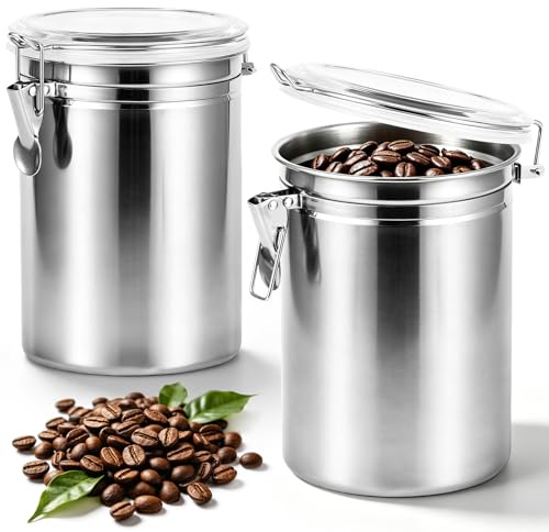 GEOKILO 2 contenitori per chicchi di caffè con coperchio, 2 l, in acciaio inox, per la protezione dell'aroma del caffè, per chicchi di caffè, farina, tè o zucchero