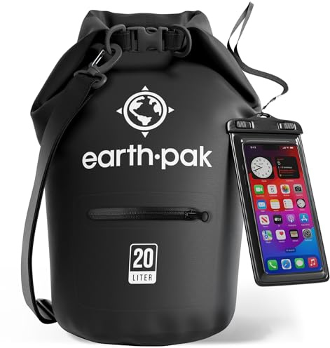 Earth Pak Sac étanche avec Poche - pour Kayak, Bateau Excursion, Canoë, Pêche, Rafting, Natation, et Snowboard (Noir, 20L)
