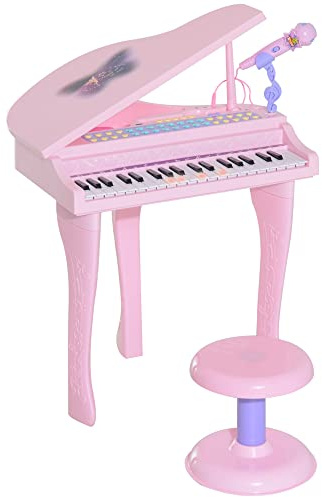 HOMCOM Piano Infantil 37 Teclas con Micrófono Taburete Luces Rosa | Teclado Electrónico, Juego de Piano, 22 Canciones, USB/MP3, Karaoke, Modo de Enseñanza