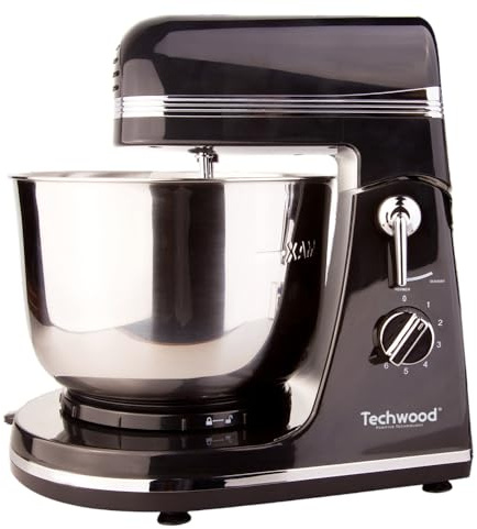 Techwood TMB-366 300 W Robot Pâtissier, 6 Vitesses avec Bol 3,5 L, Acier Allié, 3.5 L, Noir