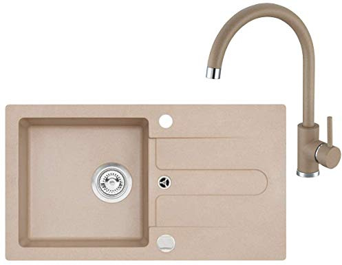 VBChome Spüle Schwarz 75 x 42 cm mit Spültischarmatur Granit Einzelbecken Einbauspüle gesprenkelt reversibel Verbundspüle + Siphon Wasserhahn Einhebel