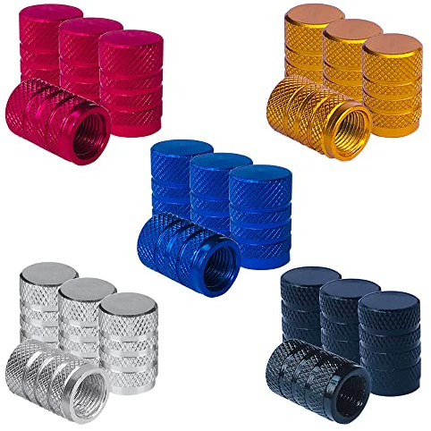 QitinDasen 20Pcs Premium Tyre Valve Stem Caps, Aluminum Alloy Knurled Tire Dust Covers, Universal Schrader Dustproof Caps With Gasket for Car Motorcycle Bike (5 Colors)