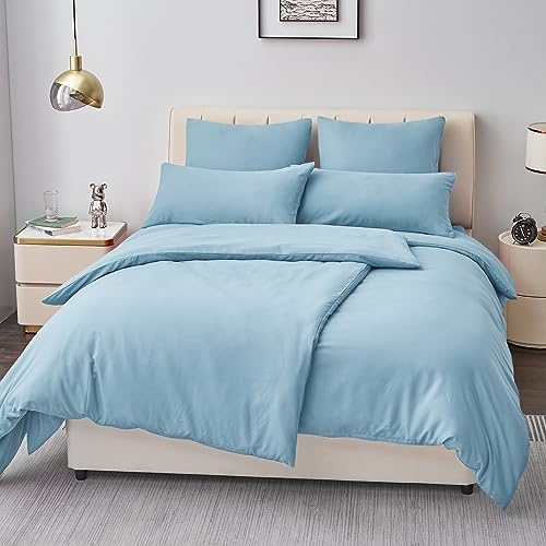 Aisbo Bettwäsche 135x200 4teilig Blau - Mikrofaser Bettwäsche-Sets Hellblau mit Reißverschluss, ÖKO-TEX Bettbezug 135 x 200 cm 4tlg mit Kissenbezug 80x80 cm, Weich und Bügelfrei