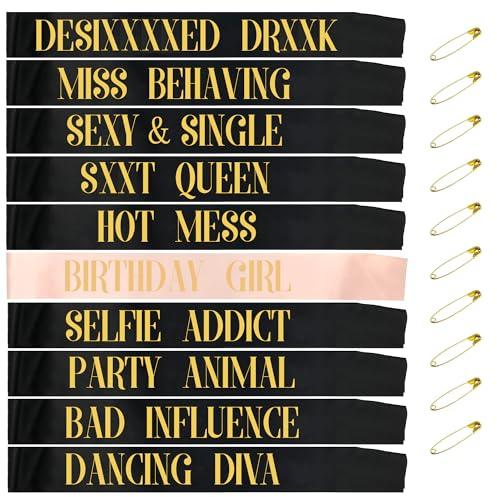 TEUVO Rose Gold Geburtstag Schärpe Birthday Sashes for Girls 10St Schärpe Satz mit 9Stück Schwarz Satin Schärpe + 1Stück Rose Gold Birthday Girl Schärpen zum Geburtstag Parteien Dekorationen Geschenk