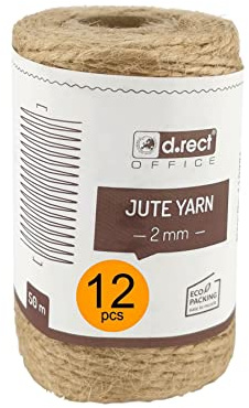 D.RECT Cuerda de Yute Natural de 50 m, 12 Unidades, Cuerda de Yute marrón, para Regalo, Cinta Decorativa, 2 mm de Grosor, para Embalaje, Manualidades, floristería, decoración