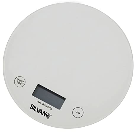 SILVANO Báscula de Cocina Digital - Forma Redonda - Diseño de Cristal Blanco - Peso Máximo de 5 Kilos - Botón de Encendido y Selección de Modo - Gran Precisión