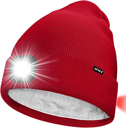 ATNKE Unisex 8 LED Mütze mit Licht,Wiederaufladbare USB Rot Blinkendes Alarm Rücklicht Laufmütze Lampe Winter Warme Gefüttertes Fleece Stricken Mütze für Herren und Damen Geschenke/Red