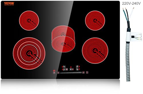 VEVOR Built in Electric Stove Top, 30 inch 5 Burners Ceramic Cooktop, 240V Glass Radiant Cooktop with Sensor Touch Control, Timer & Child Lock Included, 9 Power Levels for Simmer Steam Slow Cook Fry