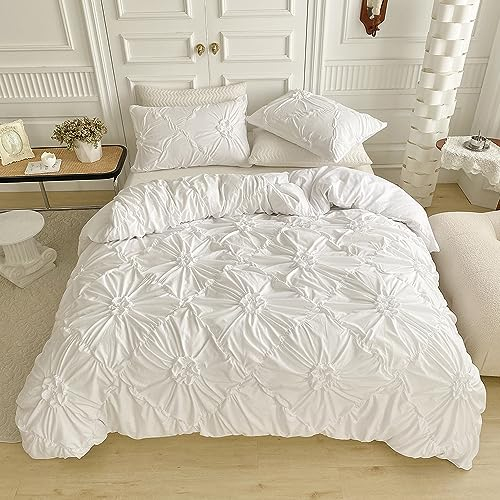 Freyamy Bettwäsche 200x220cm 3teilig Weiß Pintuck Plisseefalten Mädchen Bettwäsche Pinch Pleat Luxus Bettwaren-Sets 100% Microfaser Weiche Bettbezug mit Reißverschluss und 2 Kissenbezug 80x80cm