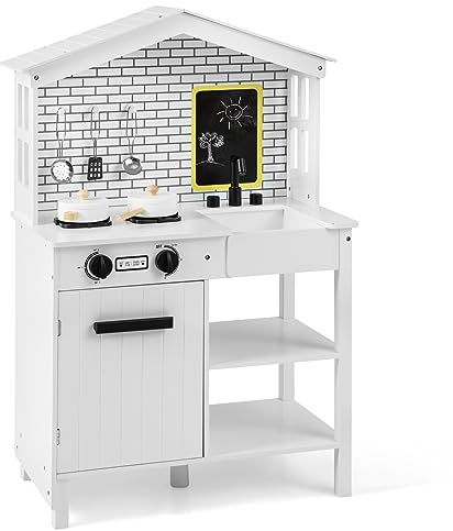 Maxmass Kids Play Kitchen, Wooden Children Role-play Cooking Playset with Chalkboard, 3 Cooking Utensils, 2 Pots, Swivel Faucet, Modern Roof & Window, Toddlers Pretend Kitchen for Boys Girls