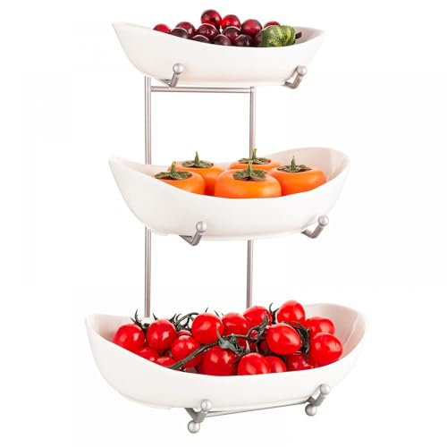 YYW 3 Tier Fruit Bowl for Kitchen Counter, White Ceramic Fruit Stand for Countertop, Home Fruit Rack with Holder, Fruit Basket Stand Vegetable Bowl Snacks Nuts Bread Candy Storage (White)