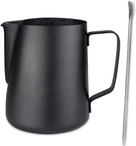 nanologi Milchkännchen, 350ml Milchkanne Edelstahl mit Messung Mark und Latte Art Stift, Barista Zubehör Kaffee Milch Kännchen für Espresso Cappuccino - Schwarz