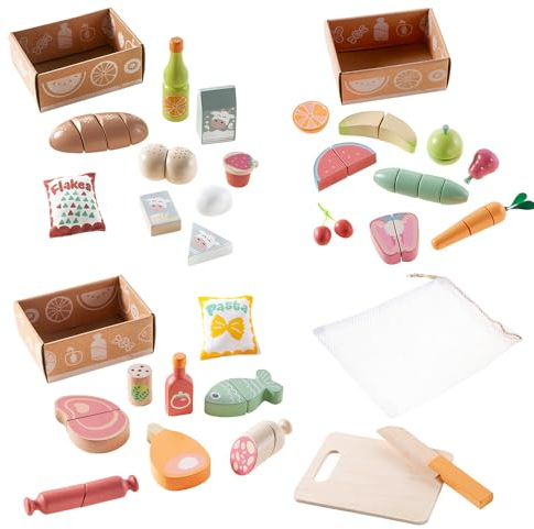 howa Kaufladenzubehör Set aus Holz Obst, Gemüse, Spiellebensmittel, Frühstücksset Zubehör Spielzeug für Kaufladen und Kinderküche 32 TLG. 14891