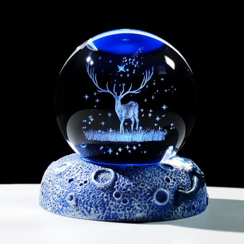 Movdyka 3D Crystal Ball Engraved Reindeer with Lights Base Stag Figurines Gifts for Women Mum, 6cm/2.36 in. Elk Keepsake Collectible for Him Deer Lovers on Birthday Christmas Home Ornaments