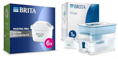 BRITA Wasserfilter-Kartusche MAXTRA PRO Extra Kalkschutz – 6er Pack (Halbjahresvorrat) & Flow Wasserfilter XXL mit Zapfhahn (8,2l) inkl. 1x MAXTRA PRO All-in-1 Kartusche