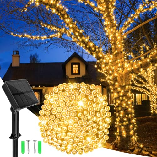 Dalugo Catena di luci solari per esterni, 12m, 120 LED, luce bianca calda, resistente alle intemperie, 8 modalità, per giardino, cortile, terrazza, matrimonio