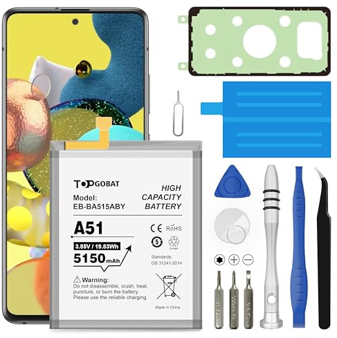 TOPGOBAT Batterie de rechange pour Samsung Galaxy A51, 5150 mAh, haute capacité, compatible avec Samsung Galaxy A51 modèle (SM-A515F SM-A515F/DS) avec kits d'outils de rechange EB-BA515ABY
