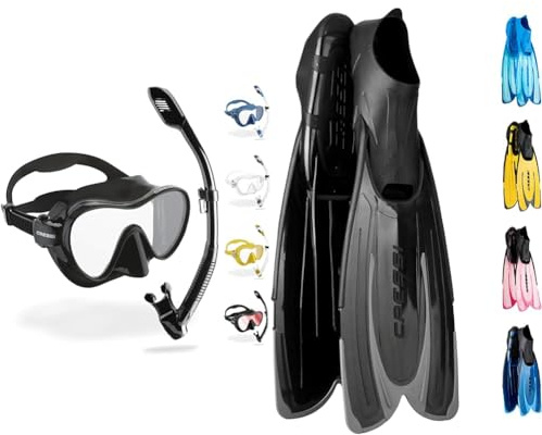 Cressi F1 + Dry Combo - Rahmenlose Maske + Schnorchel Dry Combo Set & Agua - Unisex Premium Flossen Self Adjusting zum Tauchen, Apnoe, Schnorcheln und Schwimmen, Schwarz (Schwarz/Silber), 41/42
