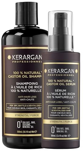 Kerargan - Duo Anti-Haarausfall Shampoo und Serum mit Rizinusöl für trockenes, brüchiges und lebloses Haar - Stärkt und fördert das Wachstum - Ohne Sulfate, Parabene und Silikone - 500ml + 100ml