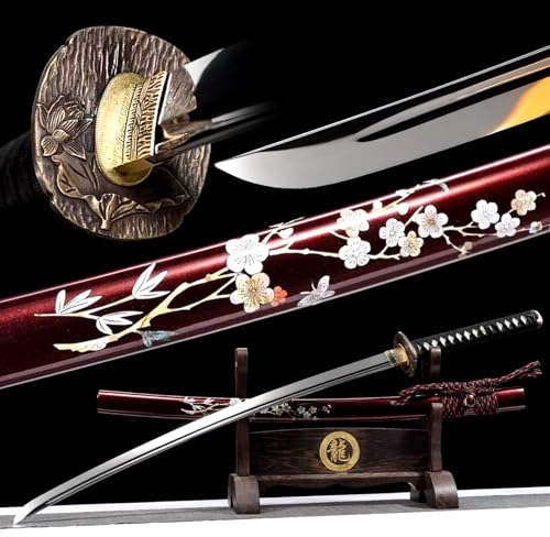 103cm roter Pflaume Katana,Klinge aus Manganstahl mit Spiegelschliff,Reine Kupfergravur-Tsuba,Holzscheide mit aufgemaltem Muster,Handgefertigt real Samurai Schwert für Kendo-Üben,Geschenk,Cosplay