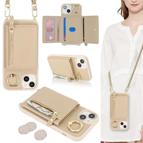 ELTEKER Handyhülle für iPhone 14 Hülle mit Band Kartenfach Ringhalterung Geldbörse,Leder Klapphülle Umhängetasche Handytasche für iPhone 14 - beige