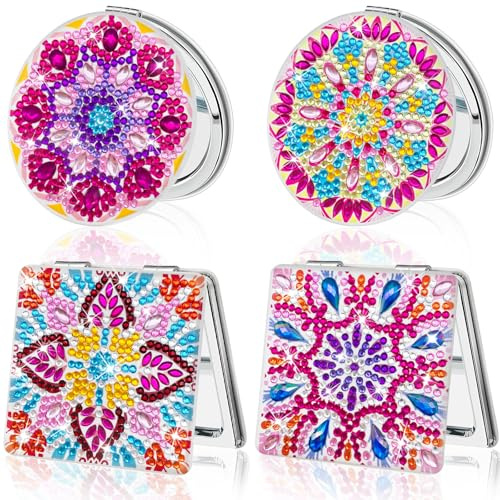 FILASLFT Diamond Painting Compact Mirror,Diamond Art Mirror,4 Pcs Makeup Mirror Pocket Cover Portable Magnifying Folding Purse Mirror,Christmas Birthday Gifts for Women Girls(Mandala)