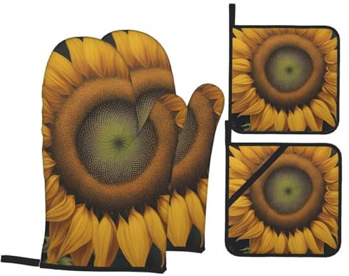 YYHWHJDE Set di 4 presine e presine con stampa di girasole dorati: spessi e durevoli, anti-scottatura e termoisolanti