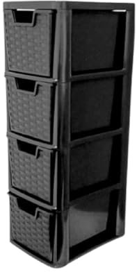 KYY'Z Rattan Effect 3 Drawer Plastic Storage Organizer- Multipurpose Storage Drawer Unit Home Kitchen Office School Garage Bedroom Bathroom Stationery Toys 25Dx19Wx 48Hcm (Black, 4 Tier)