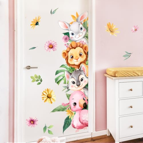 Supzone Wandtattoo Dschungeltiere Wandaufkleber Rosa Flamingo Bär Löwe Kaninchen Tropische Blätter Blumen Wandsticker für Mädchenzimmer Kinderzimmer Babyzimmer Schlafzimmer Türen Wanddeko