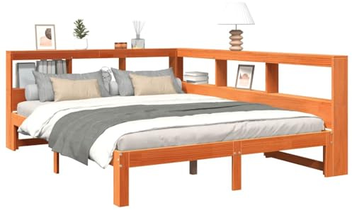 vidaXL Massivholzbett mit Regal ohne Matratze Wachsbraun 140x200 cm, Holzbett mit Regal, Massivholzbett mit Regal, Bett, Holzbett mit Bücherregal