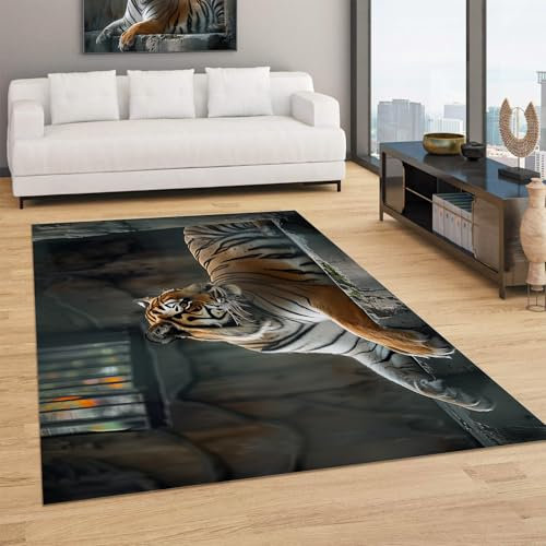 DLERFLOVR Realismus Teppich Wohnzimmer - 160×230Cm rutschfest Kurzflor Schlafzimmer Teppich, Waschbar Liegender Tiger Bettvorleger Teppiche Für Büro Bereich Dekor Kurzflor Teppich