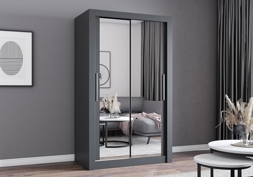 Easy4You MN Grau Schiebetürenschrank Kleiderschrank 120x215x64 cm mit Spiegel - Schlafzimmermöbel, Aufbewahrung – Mehrzweckschrank mit 2 Kleiderstangen