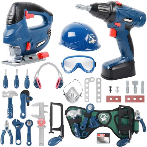 deAO Attrezzi Giocattolo con Cintura Porta Attrezzi, Trapano Elettrico e Seghetto Giocattolo a Gatteria, Luce e Suono, Costruzioni Giochi Attrezzi per Bambini 3 4 5 Anni, Educativi Regalo di Natale