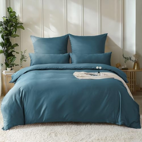SOULFUL Satin Bettwäsche 220x240 Baumwolle Kühlend, Oeko-Tex, Pfauenblau | 100% Langstapelige Baumwolle Seidig Kühlend Bettwäsche-Set mit Reißverschluss, 1 Bettbezug 220x240 & 2 Kissenbezug 80x80