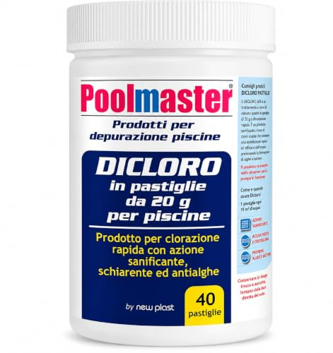 New Plast 0530 - Dicloro in Pastiglie da 20 g Polifunzionale per Acqua Piscina, Barattolo 40 Pastiglie, 1Kg (dicloro, 3)