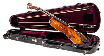 Crossrock Estuche de violín de fibra de vidrio con forma para tamaño 4/4, acabado negro brillante, cerradura TSA, correas de mochila, manta de terciopelo, almacenamiento integrado