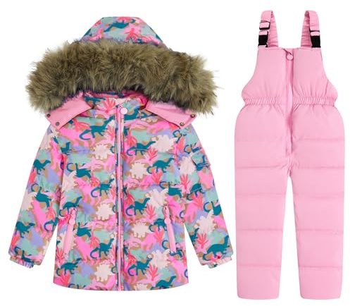 JiAmy Kids 2 Piece Snowsuit Set Girl Winter Hooded Puffer Jacket & Snow Bib Pants Boy Ski Suits Ultralight Outfit Pink Dinosaur 3-4T