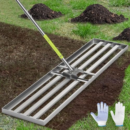 Rastrillo nivelador de césped, rastrillo de paisajismo de acero galvanizado resistente de 48 x 12 pulgadas con mango extra largo ajustable de 78 pulgadas, herramienta de nivelación de césped para pa