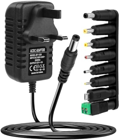 12V 1A Power Supply Adapter 100-240V 50-60Hz AC to DC, 12W Universal Charger with 8 DC Adaptor, Multi Power Plug for Household Electronics CCTV Camera Speakers TV Box Tablet E-Reader LED Strips