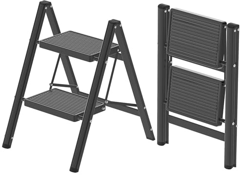 DIAMONDFORGE 2 Step Ladder, Folding Step Stool with Anti-Slip Wide Pedal, Anti-Slip Feet, Sturdiest Steel Construction, 600lbs Capacity Steel Ladder for Home and Office, Black