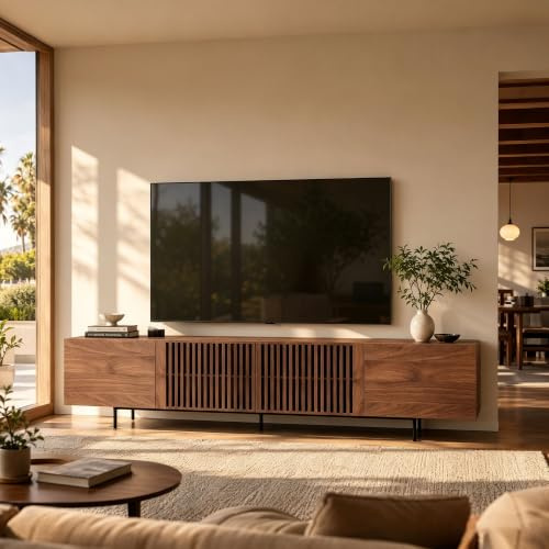 180cm Long Walnut TV Unit, Extra Large TV Stand Cabinet with Storage | Mid-Century Modern Media Wall Unit for up to 100-Inch TVs, Wooden Entertainment Centre for Living Room