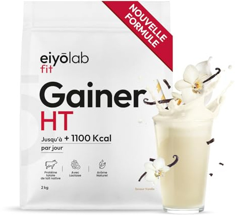 GAINER HT | 2 Sources de Protéines Natives + 2 Sources de Glucides + MCT | Whey + Caséine + Maltodextrine + Psyllium | Gainer Prise de Masse Musculation | Boisson Shaker Goût Vanille | 2 kg | Eiyolab