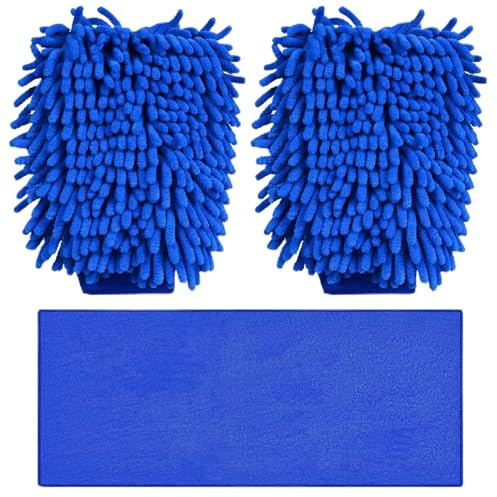 DUINIU 2 Guantes De Insectos De Coral De Doble Cara Y 1 Toalla, Guantes Gruesos De Felpa Para Lavado De Autos, Toallas Suaves Alargadas Para Lavado De Autos, Herramientas De Limpieza De Autos.