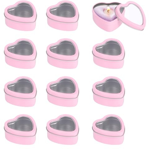 QUARKZMAN Barattoli Per Candele Forma Cuore Con Coperchi Trasparenti, Barattoli Latta Vuoti Da 2 Oz Per Candele Caramelle Regali Lavoretti Fai Da Te, Rosa, Confezione Da 12
