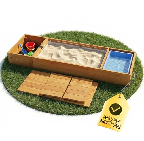 FRIEDO Sandkasten mit Abdeckung & Matschküche aus lasiertem Holz, 150x40 cm | Sandbox ideal für Balkon, Terrasse und Garten, Sandkiste mit Abdeckung und Deckel für kleine und große Kinder