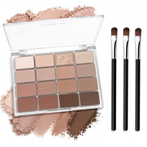 EONFAVE Paleta de sombras de ojos, 16 colores, sombra de ojos marrón, marrón desnudo, mate y brillante, con 3 pinceles, sombra de ojos para el día a día, oficina y sutil aspecto ahumado