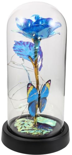 GLEAVI Rose Éternelle sous Cloche de Verre avec LED Douce, Lampe Dôme Romantique Décorative Bleu avec Papillon en Feuille d'or, Présent pour Fête des Mères