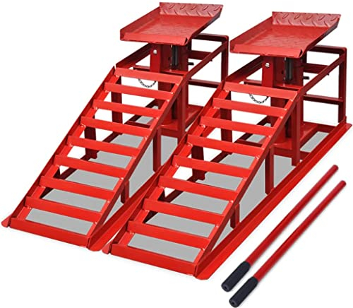 vidaXL Auffahrrampe 2 STK., Auto PKW Rampe mit Hydraulischer Wagenheber Höhenverstellbar, Hebebühne KFZ Rampe Auffahrbock, Laderampe Set Hebeplattform 2T, Rot Stahl